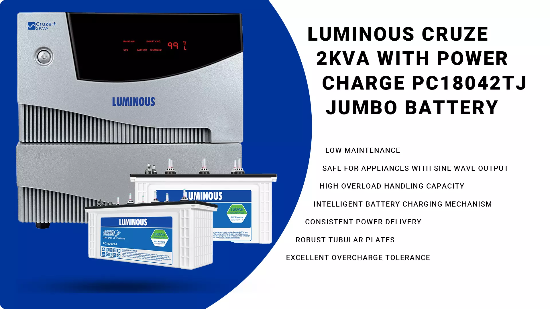 Luminous Cruze 2Kva with Power Charge PC18042TJ Jumbo Battery img